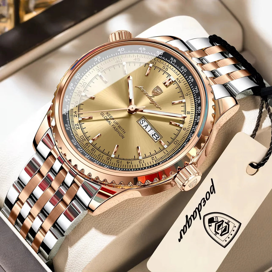 POEDAGAR Fashion Watches For Man Stainless Steel Date Week Quartz Men - H&H